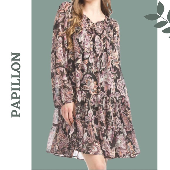 Papillon Dresses & Skirts - Papillon Paisley Lurex Georgette Tiered Dress Mini Long Sleeve Black Size XS